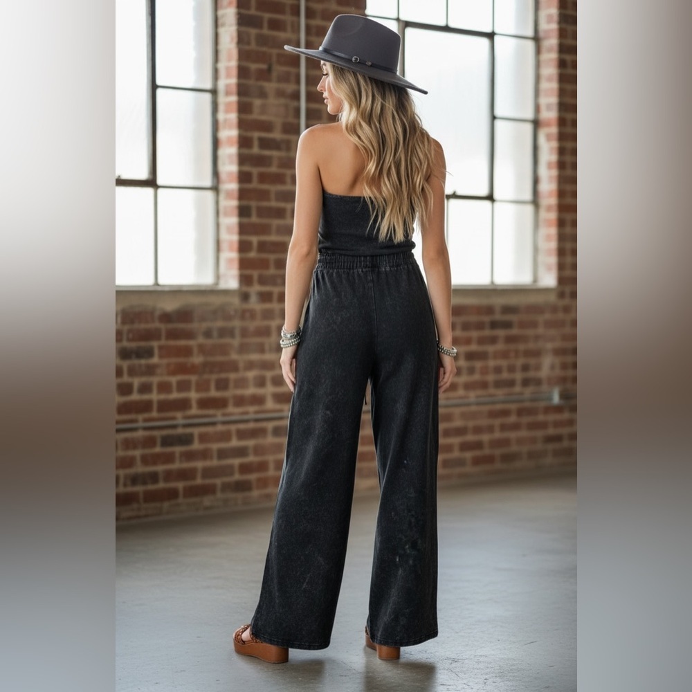 NWT Zenana Acid Washed Black Tube Top Strapless Jumpsuit Jumper - Picture 3 of 5